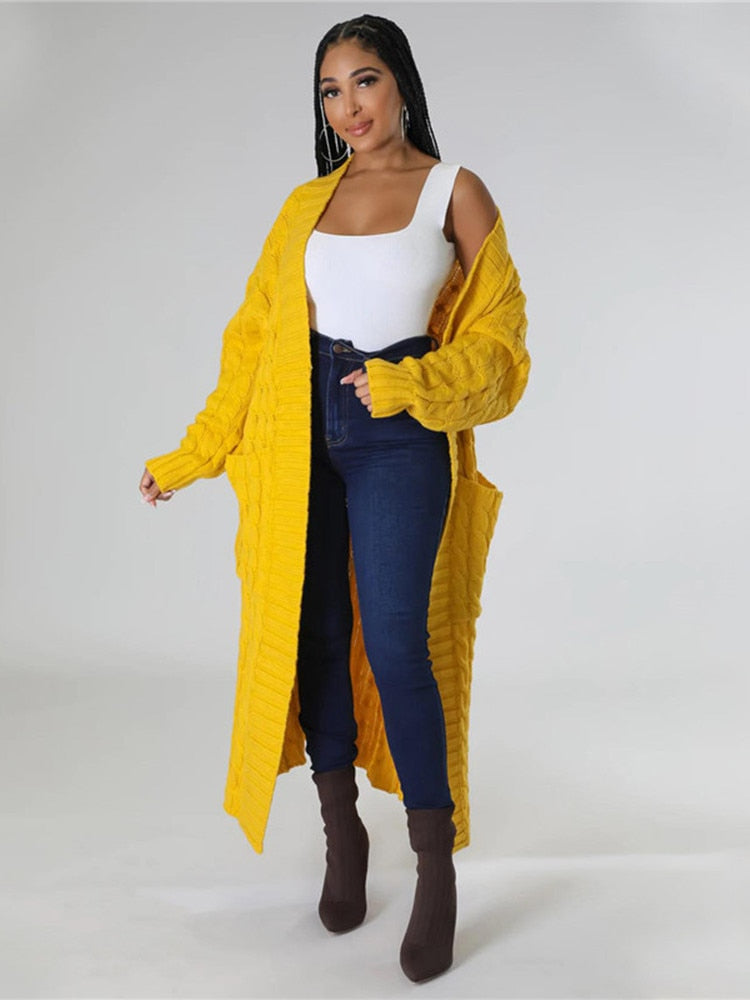 Women Warm Knitted Long Cardigan Sweater Coat With Pockets