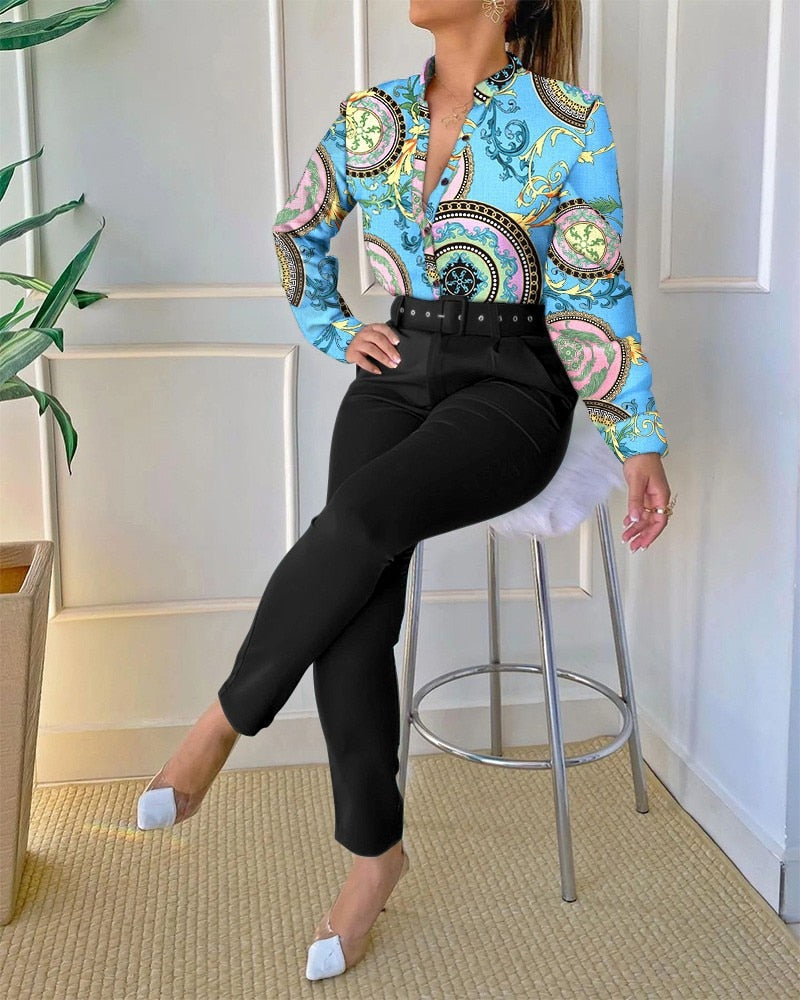 Women Elegant Fashion Print Long Sleeve Top and Pants Set with Belt