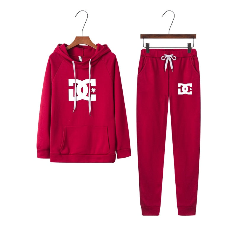 Women New DC Printed Tracksuit Solid Color Sports Style Hooded 2PCS Sets