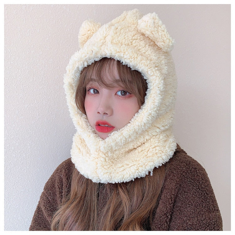 Cartoon Bear Ear Lamb Beanie Hat with Mask Warm Winter Thickened Ear Protection for Women Scarf03 / 56-58cm