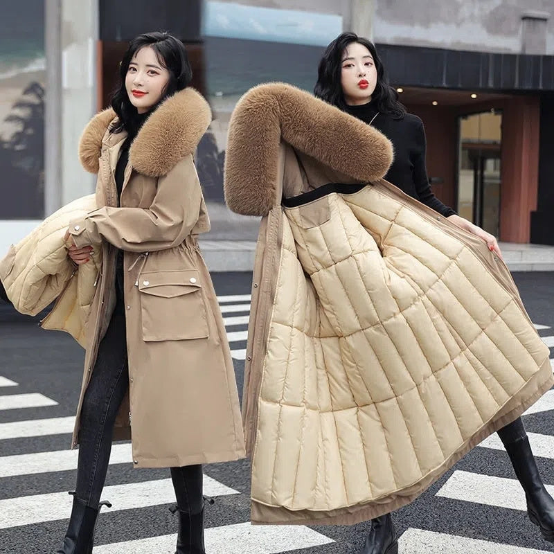 Women New Winter Jacket Fur Lining Long Coat Hooded Overcoat