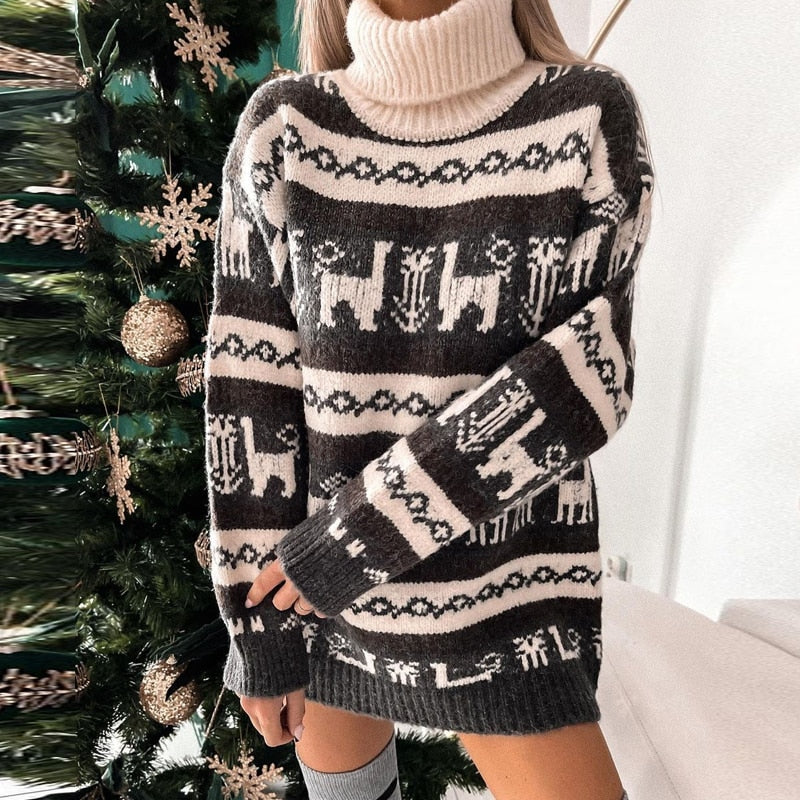 Women Christmas Knitted Print Long Sleeve Loose Turtleneck Pullover Sweater Dress