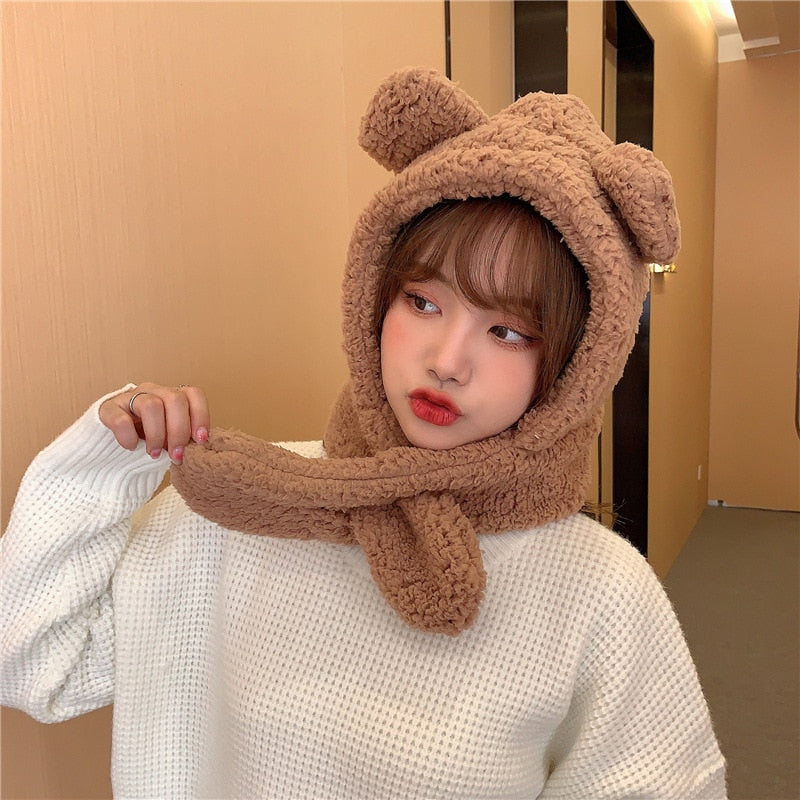 Cartoon Bear Ear Lamb Beanie Hat with Mask Warm Winter Thickened Ear Protection for Women Scarf03 / 56-58cm