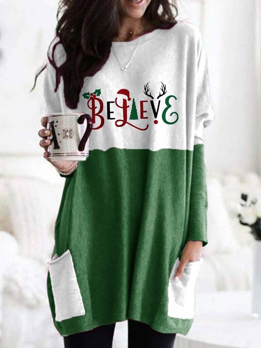 Women New Christmas Print Pocket Long Crew Neck Shirt