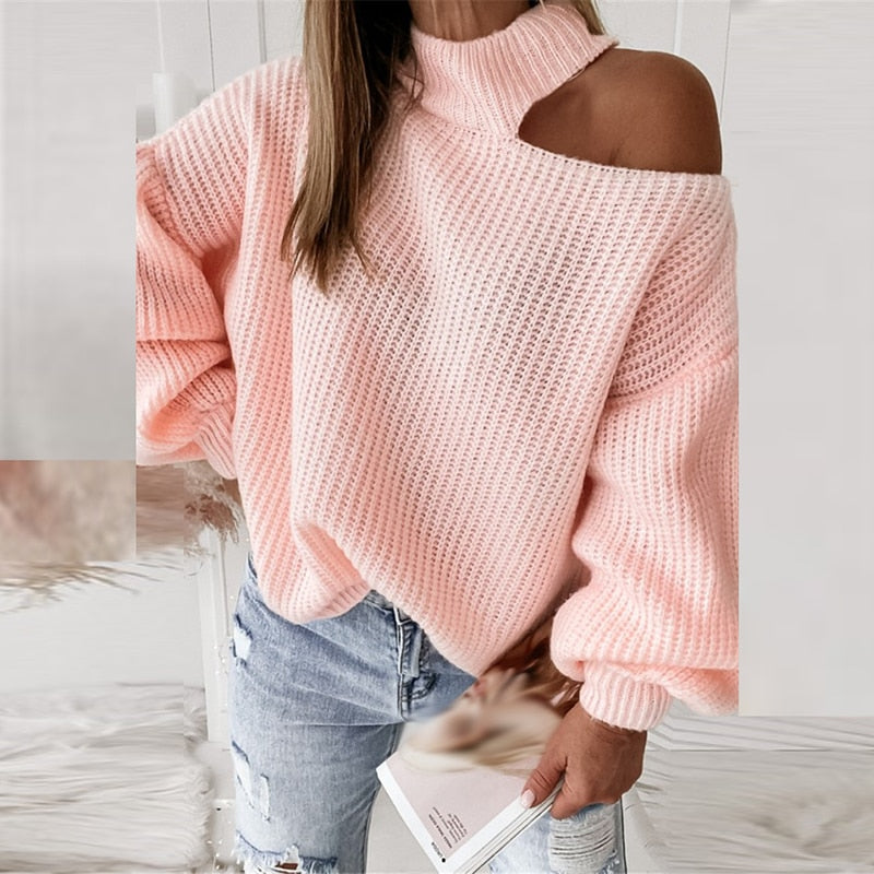 Women Turtleneck Lantern Sleeve Off Shoulder Hollow Knitted Sweater