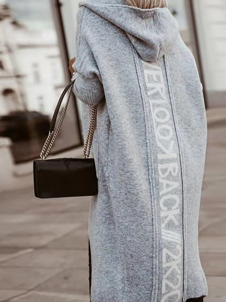 Women Hooded casual Knitted Pocket Cardigan Patchwork Coat