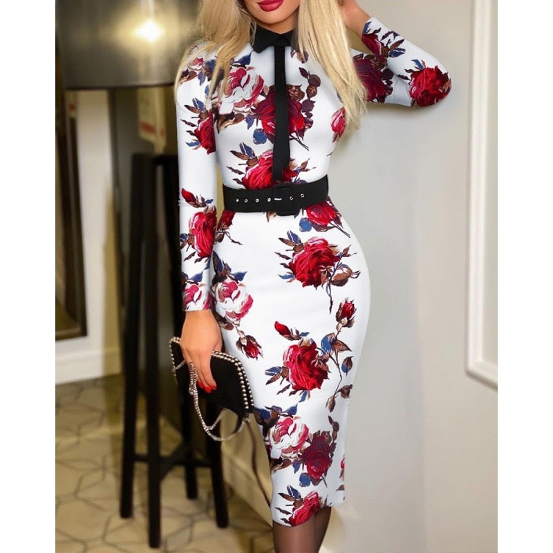 Women Popular Fashion Print Dress With Belt