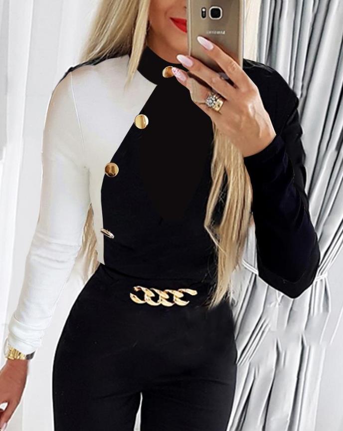 Womens Casual Two-Piece Colorblock Long Sleeve Top Chain Decor Pants Set