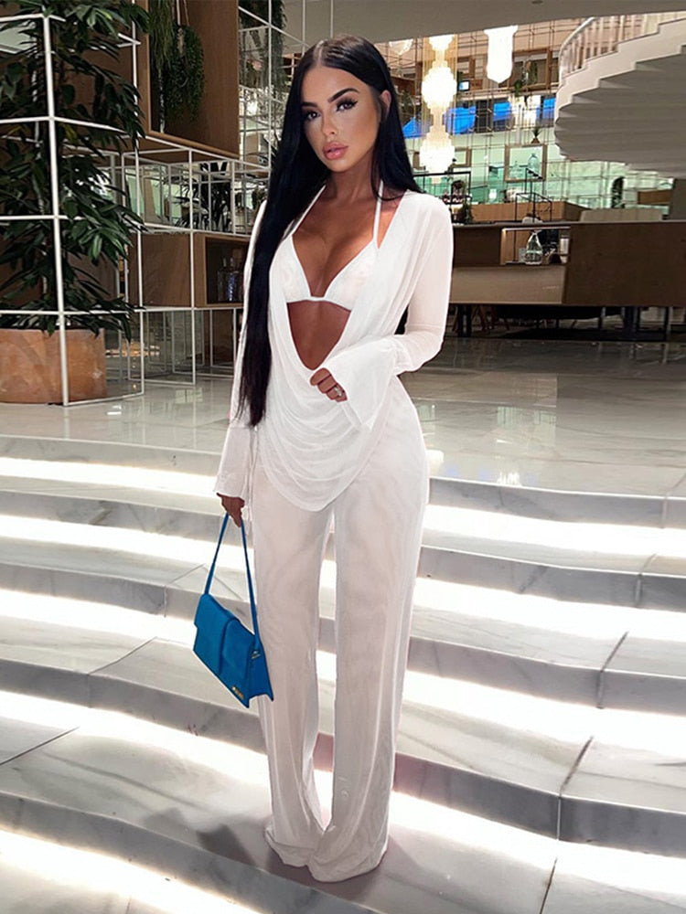 Woman 3Pcs Strapless Backless Trousers Suit Long Sleeve Lace Up Casual Draped Pants Suit