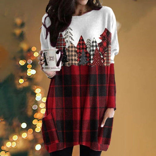 Women New Christmas Print Pocket Long Crew Neck Shirt