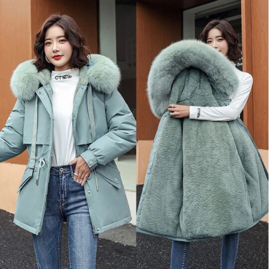 Women New Warm Winter Thick Jacket Coat Hooded Fur Collar Long Wool Liner