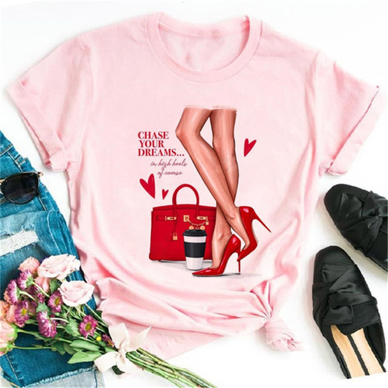 Women High Heels Shoes Print T Shirt