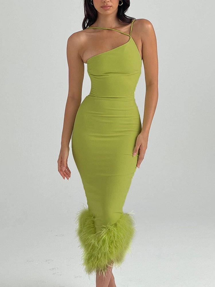 Women Elegant One Shoulder Feather Bottom Dress