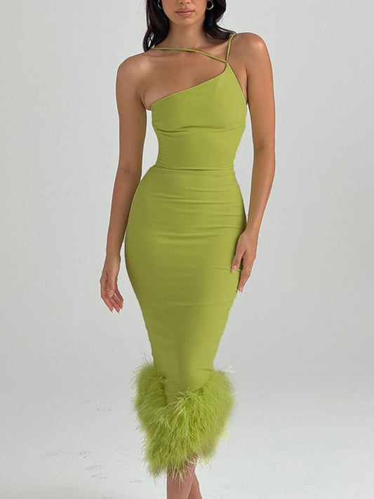 Women Elegant One Shoulder Feather Bottom Dress