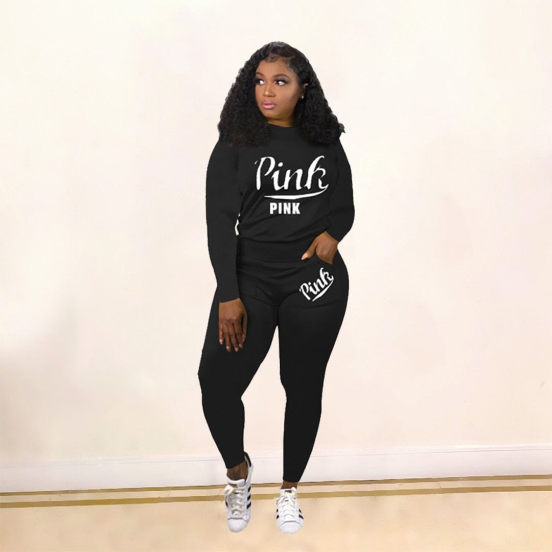 Women Pink Letter Print  Tracksuit Set