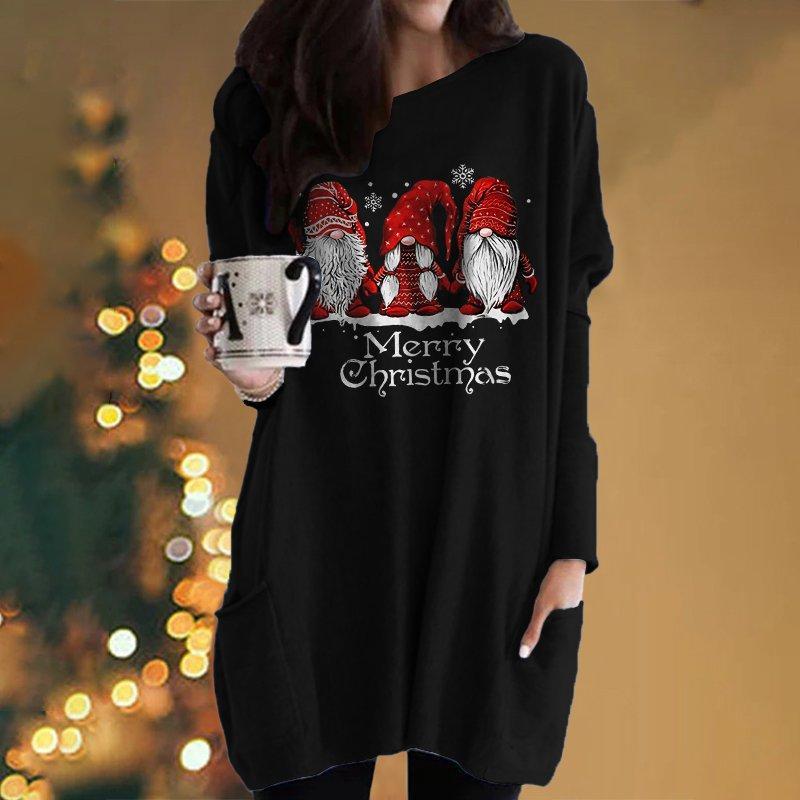 Women New Christmas Print Pocket Long Crew Neck Shirt