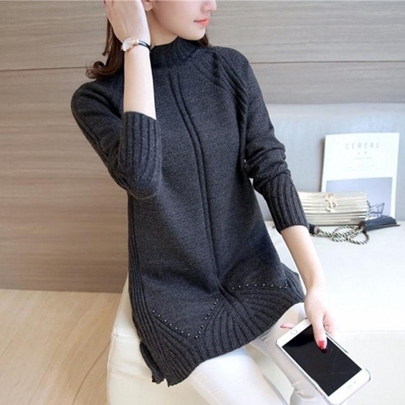 Women Winter Thick Loose Mid-Length Sweater Beaded Knitted Half-high Neck Long Sleeve Pullover