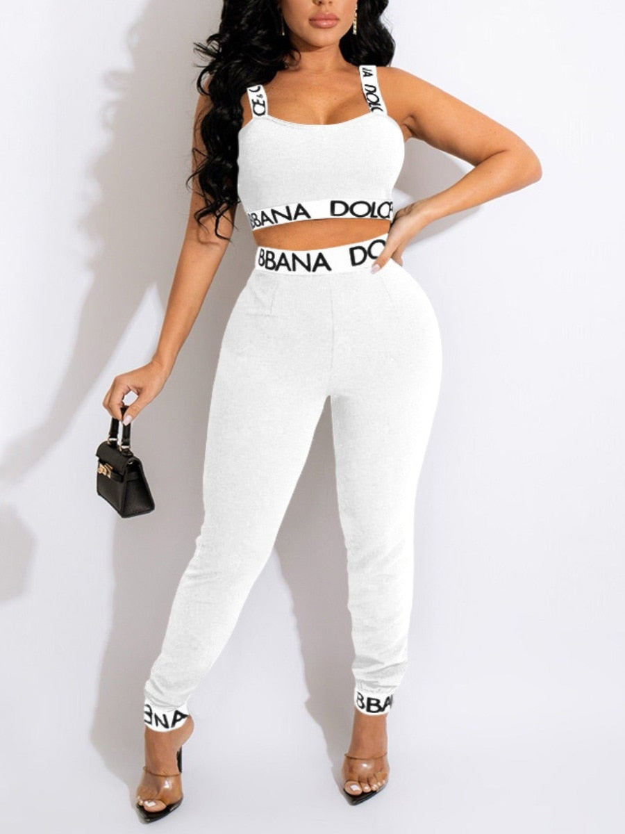 Women Elegant Summer Two Piece Sport Suit Set Crop Tops and Pants Cami Letter Print