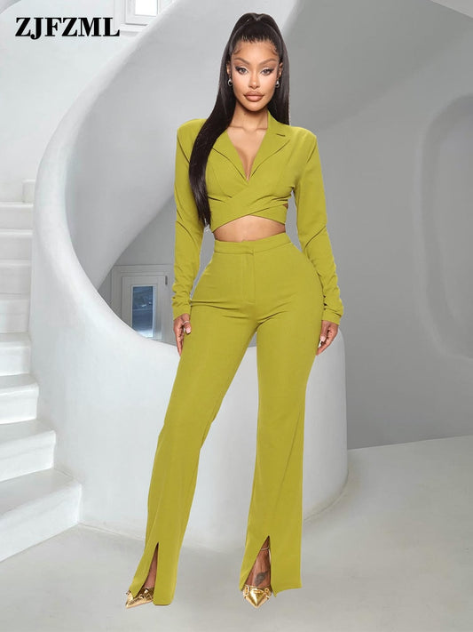 Classic Women Blazer Office Suit Notched Collar Long Sleeve Crop Top and High Waist Split Hem Flare Pants