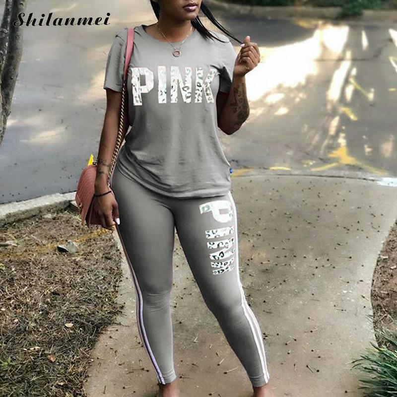 Women New Pink Letter Print Two Piece Sets Tracksuit