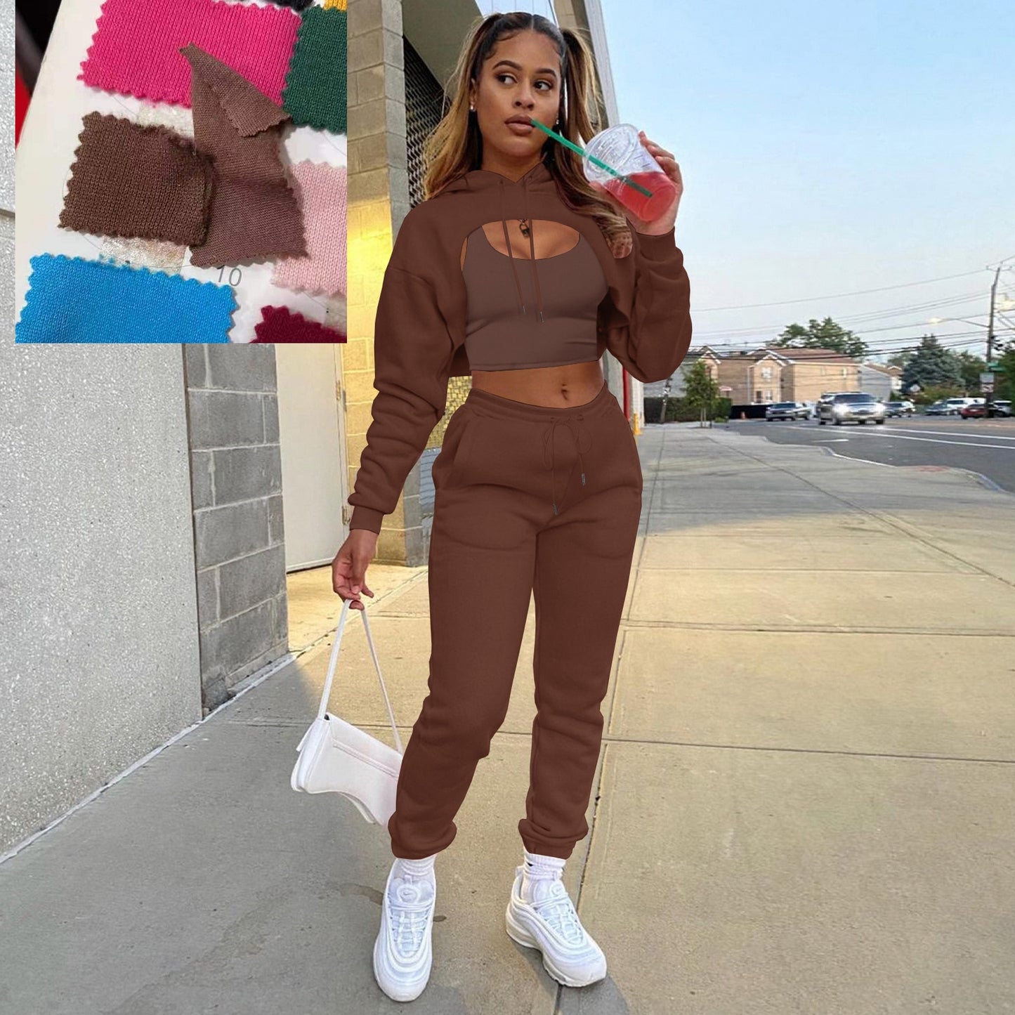 Women Winter Fleece Tracksuit Long-sleeved Hoodie Short Vest