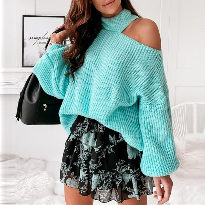 Women Turtleneck Lantern Sleeve Off Shoulder Hollow Knitted Sweater