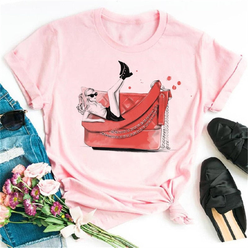 Women High Heels Shoes Print T Shirt