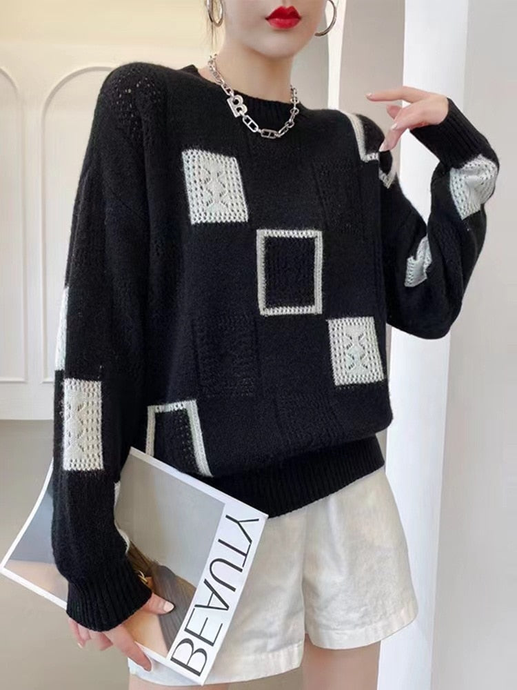 Women Tops Oversized Sweater New Color block Plaid Knitted Pullovers