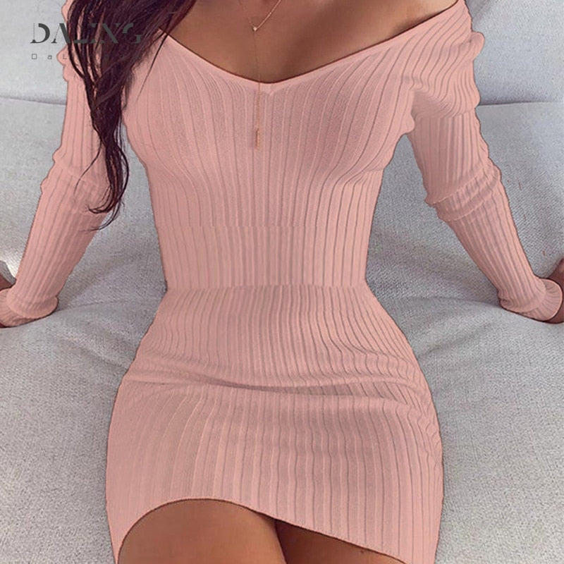 Women Off Shoulder Long Sleeve Bodycon Dress Winter White Knitted Sweater Mini Dresses