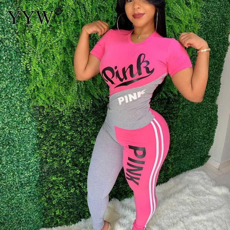 Women New Pink Letter Print Two Piece Sets Tracksuit