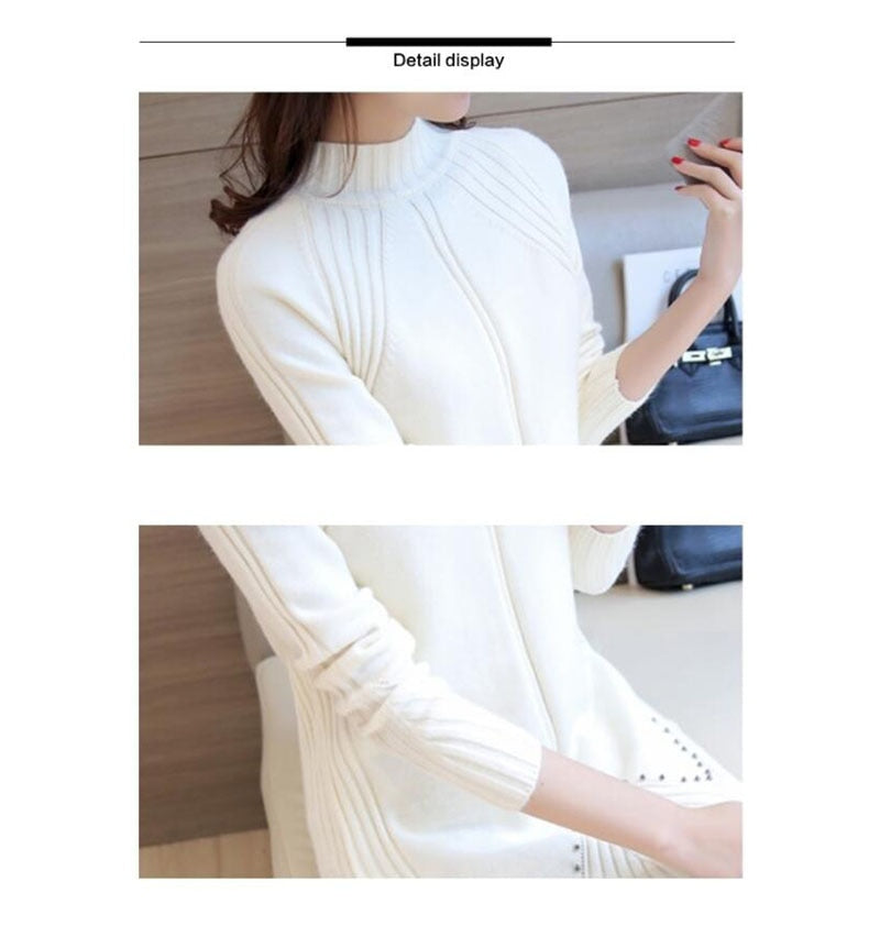 Women Winter Thick Loose Mid-Length Sweater Beaded Knitted Half-high Neck Long Sleeve Pullover