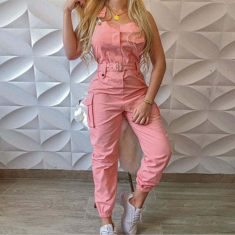 Women Casual Jumpsuit Sleeveless Pocket Belt Bib Overalls