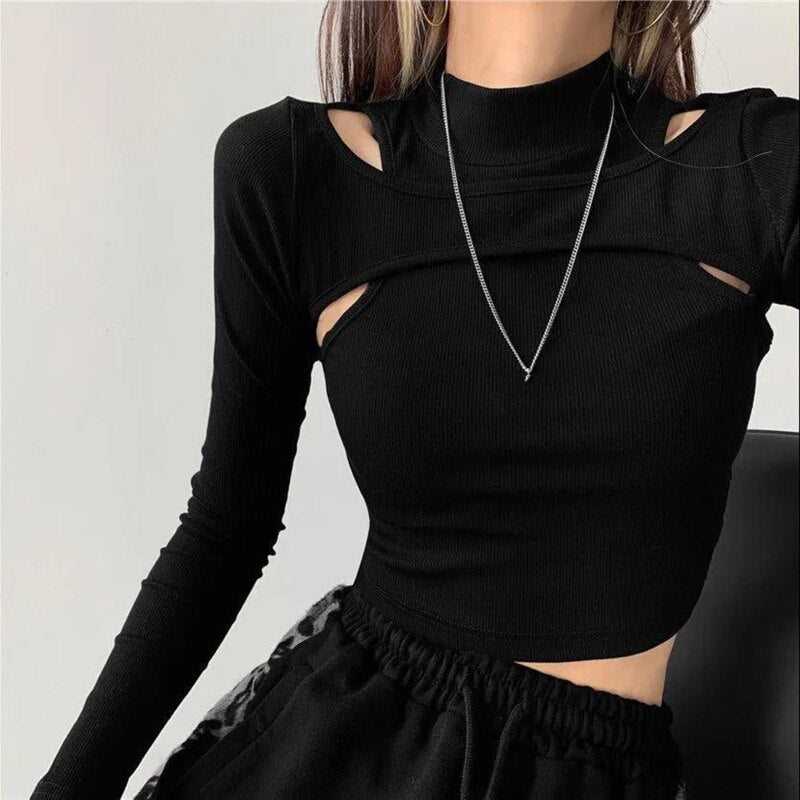 Women Slim Fit Long Sleeve Hollow Knitted T-shirts Solid Two Pieces Crop Tops