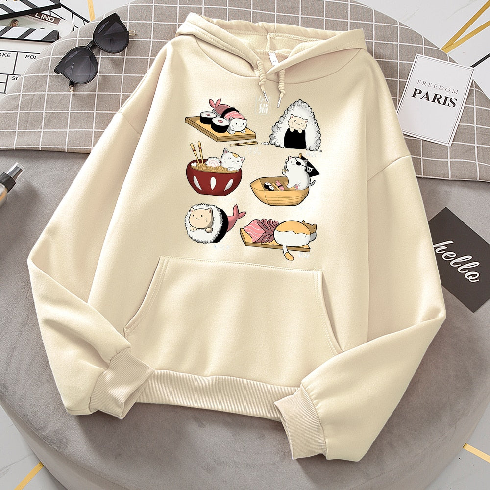 Womens Sushi Cat's Day Print Hoodies New Loose Fleece Hoodie Sweatshirt Casual