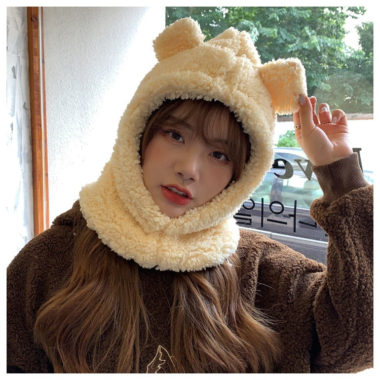 Cartoon Bear Ear Lamb Beanie Hat with Mask Warm Winter Thickened Ear Protection for Women Scarf03 / 56-58cm