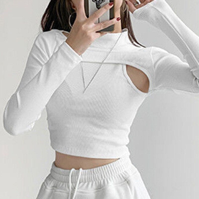 Women Slim Fit Long Sleeve Hollow Knitted T-shirts Solid Two Pieces Crop Tops