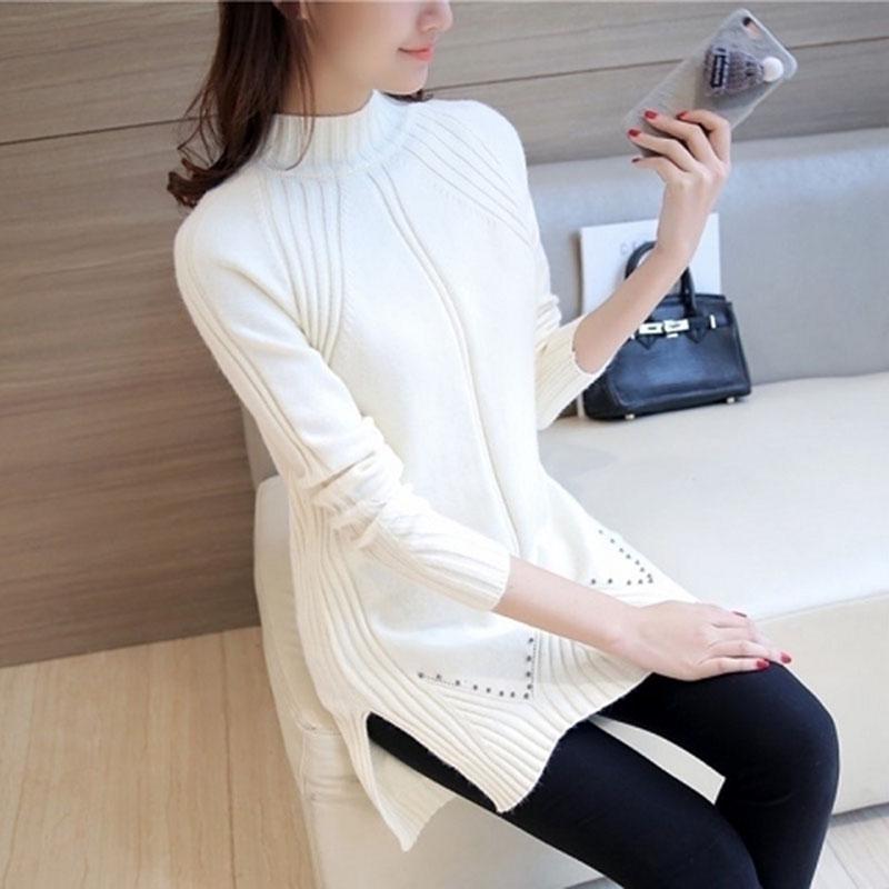 Women Winter Thick Loose Mid-Length Sweater Beaded Knitted Half-high Neck Long Sleeve Pullover