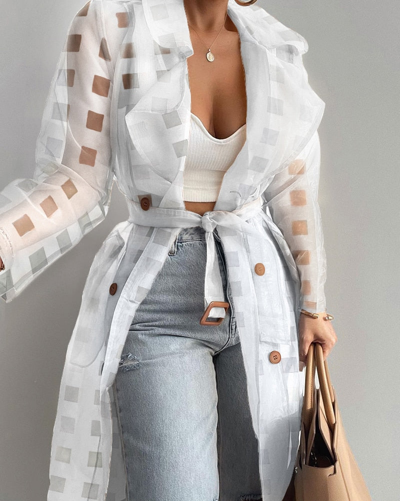 Women Elegant Lace Up Spring Sheer Mesh Long Sleeve Buttoned Coat with Belt