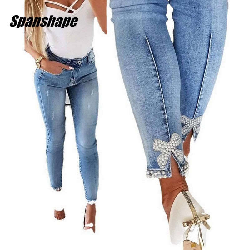 Women High Waist Stretch Jeans Cute Bow Fashion Skinny Denim Pants Elegant Simple