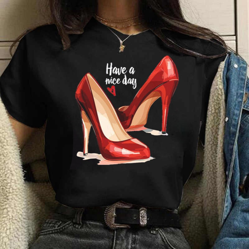 Women High Heels Shoes Print T Shirt