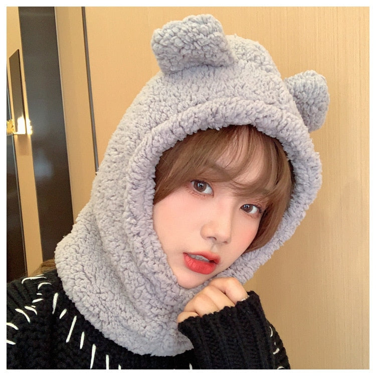 Cartoon Bear Ear Lamb Beanie Hat with Mask Warm Winter Thickened Ear Protection for Women Scarf03 / 56-58cm