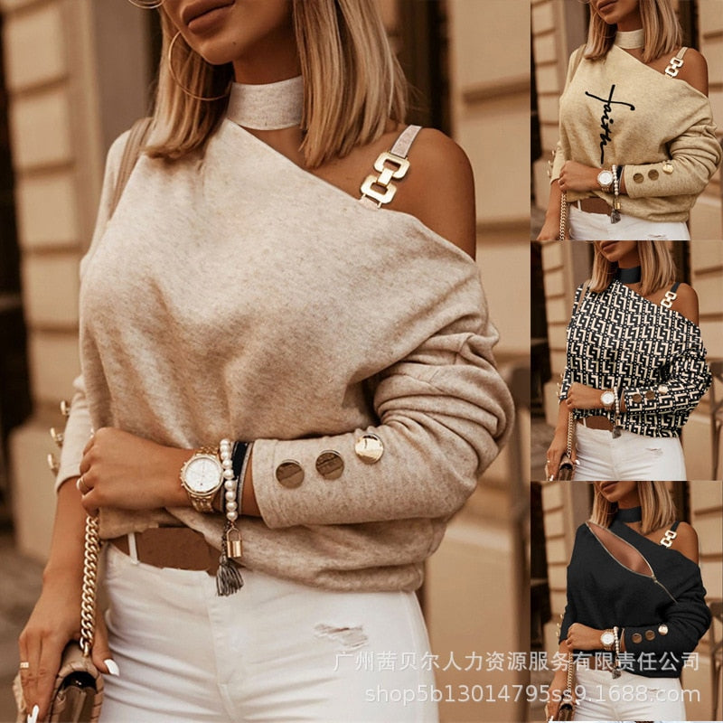 Women Casual Long Sleeve Knit Top Button Chain Decor