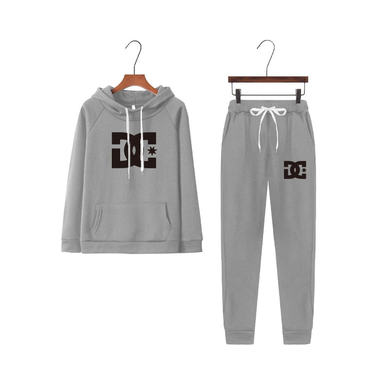 Women New DC Printed Tracksuit Solid Color Sports Style Hooded 2PCS Sets