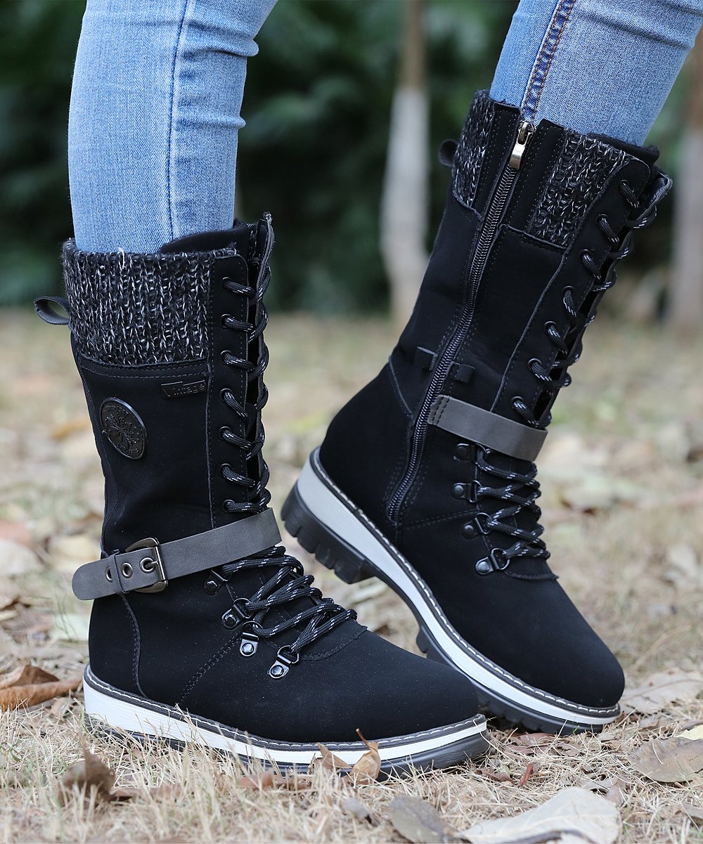 Women Winter Buckle Lace Knitted Mid-Calf Boots Low Heel Round Toe Boots