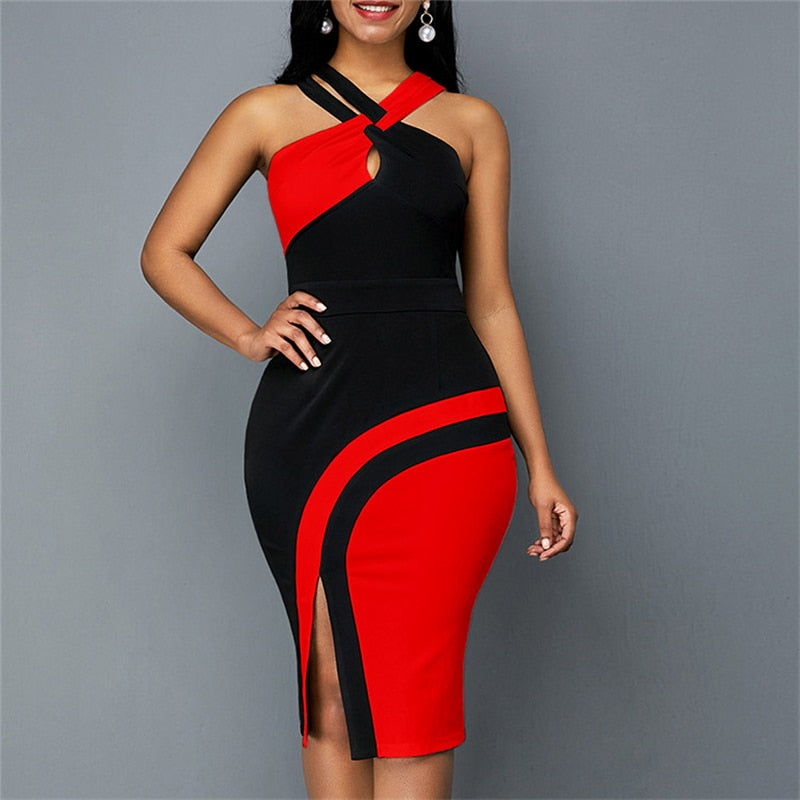 Women Side Slit Halter neck Style Contrasting Colors Printing Sleeveless Dress