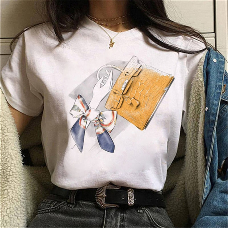 Women High Heels Shoes Print T Shirt