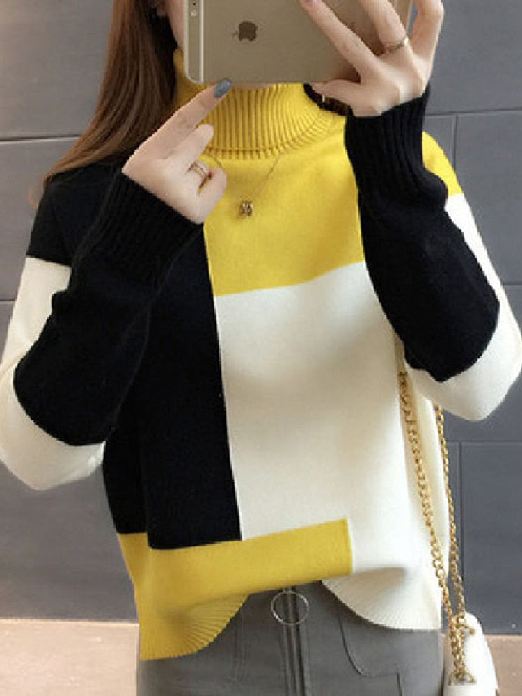 Women Patchwork Pullover Knitted Long Sleeve Sweater