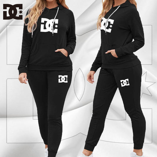 Women New DC Printed Tracksuit Solid Color Sports Style Hooded 2PCS Sets