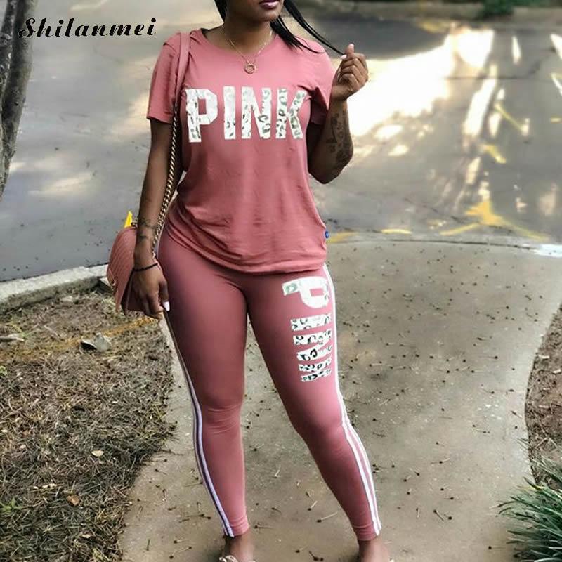 Women New Pink Letter Print Two Piece Sets Tracksuit