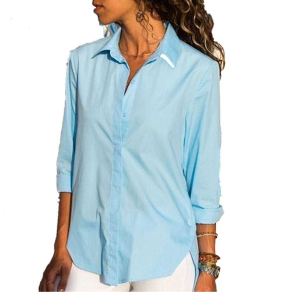 Women Long Sleeve Shirts Turn Down Collar Side Slit Hem Buttoned